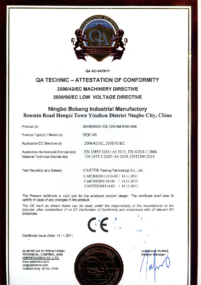 QA-AC-0479-11 Ningbo Bobang Industrial Manufactory